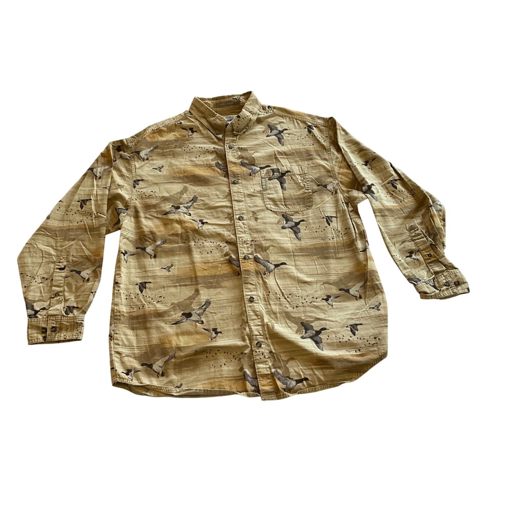 Columbia Button Down Shirt Mens XL Tan Mallard Duck Print River Lodge Cotton